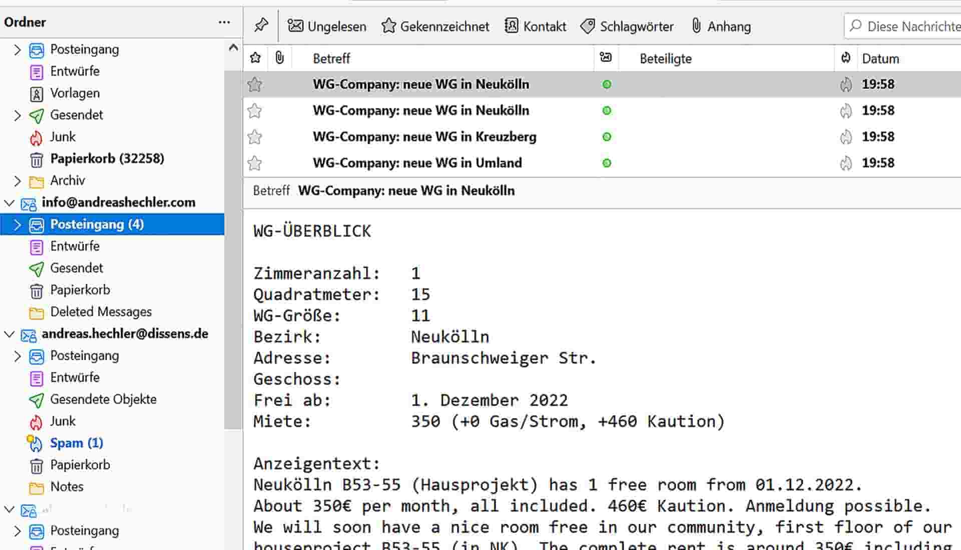 Screenshot of the incoming mails with the new ads on WGcompany