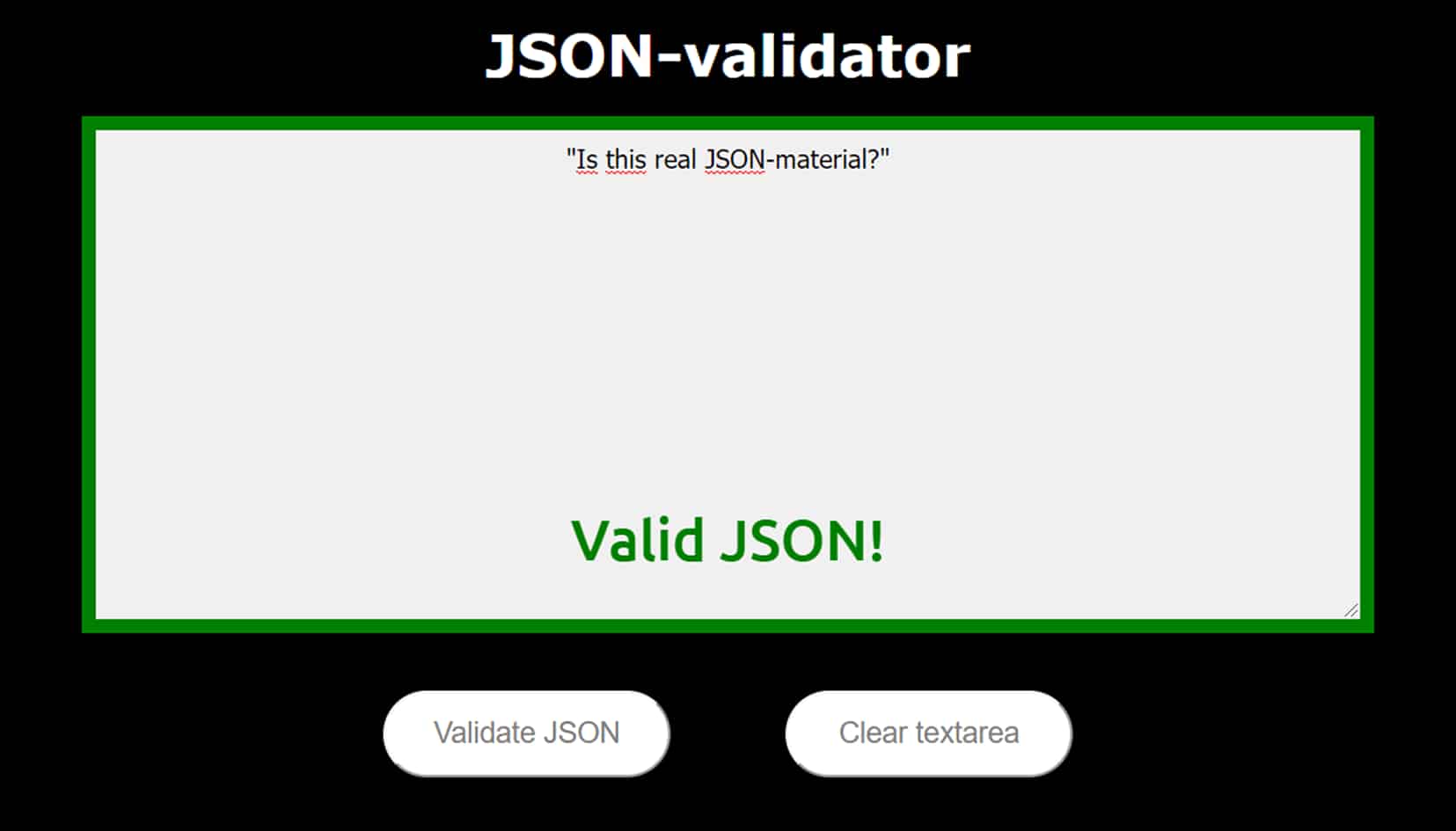 Screenshot JSON-Validator, der in grün valides JSON anzeigt
