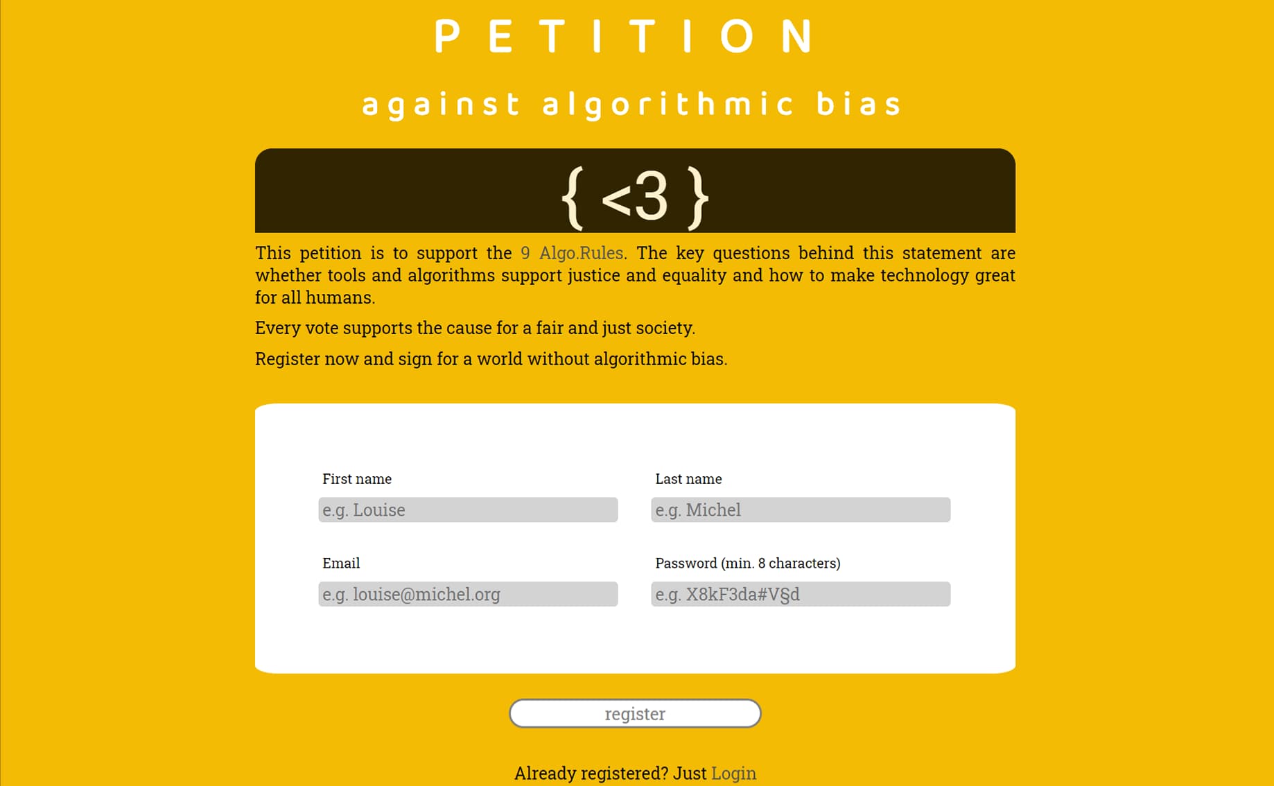 screenshot of petition against algorithmic bias displaying the register site