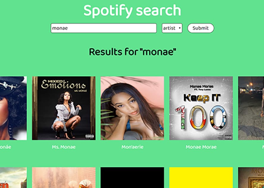 Screenshot Spotify-Suche, Suchergebnisse für 'monae'